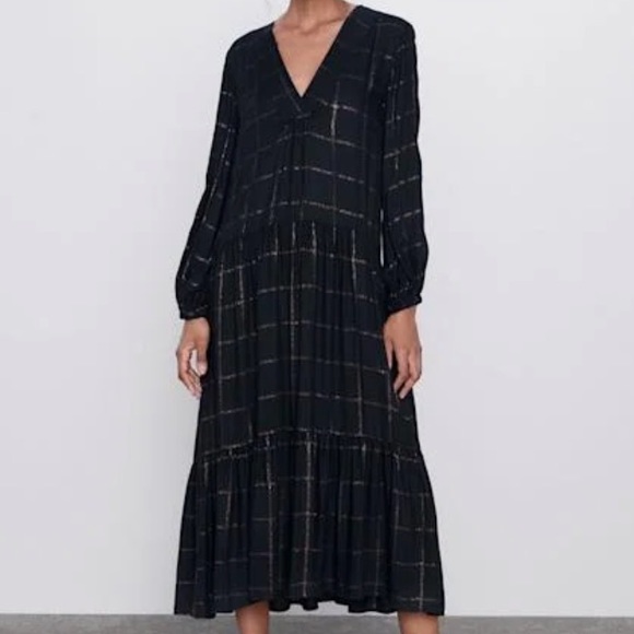 Zara Dresses Zara Black Checkered Dress With Copper Threads Poshmark